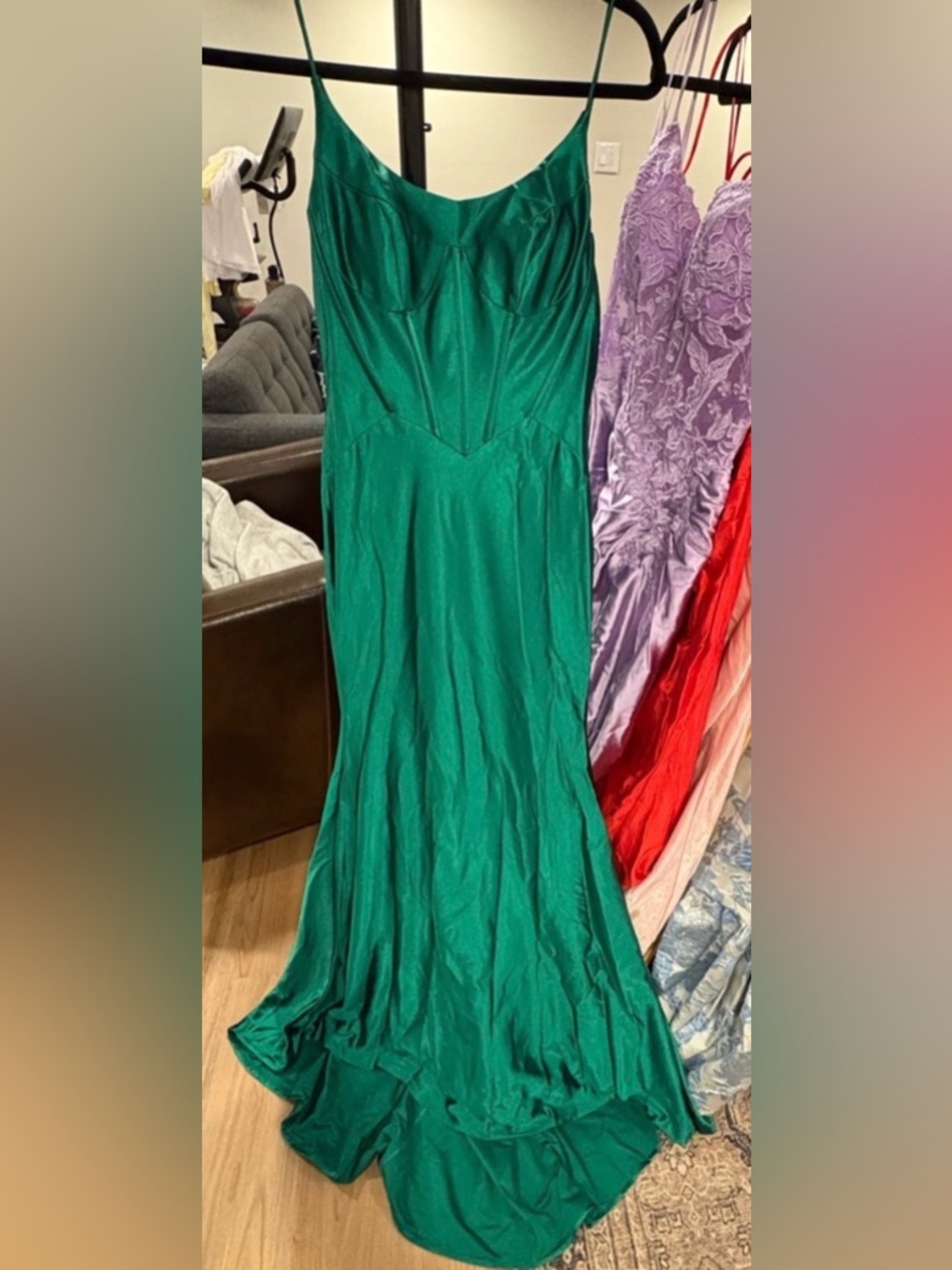 Satin Emerald Green Spaghetti-Strap Prom Gown Black Tie Wedding - size 2 - NEW